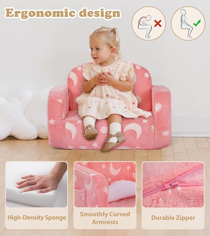 Kids Couch, 2-in-1 Soft Toddler Couch Fold Out - Image 7