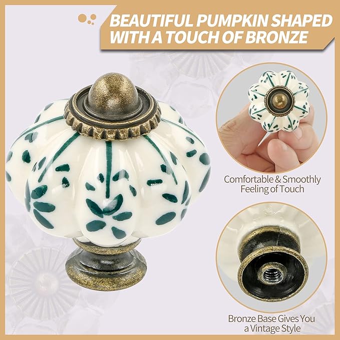 Ivory & Green Pumpkin Knobs 6 Pack Ceramic Cabinet Knobs Vintage Drawer Pulls - Image 3