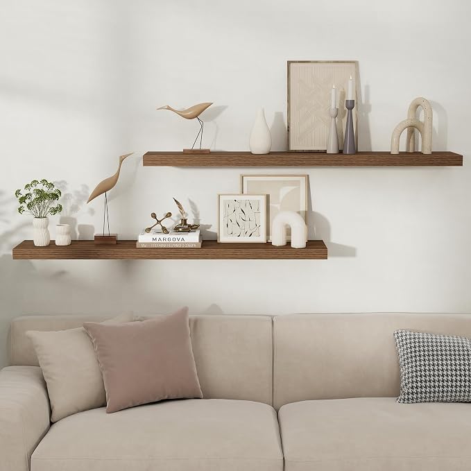 Fun Memories Floating Shelves for Wall, 48 Inch Long Set of 2 Rustic Wood Wall - Image 2