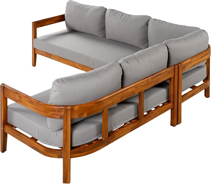 VilroCaz Outdoor Patio Furniture Set, L-Shaped Acacia Wood Sectional Sofa - Image 6