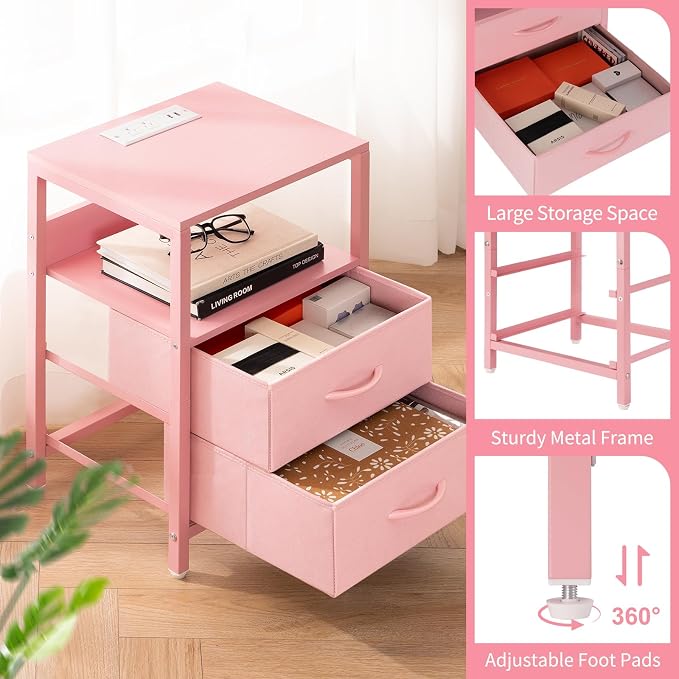 Yoobure Nightstand with Charging Station, LED Night Stand with Fabric Drawers - Image 8