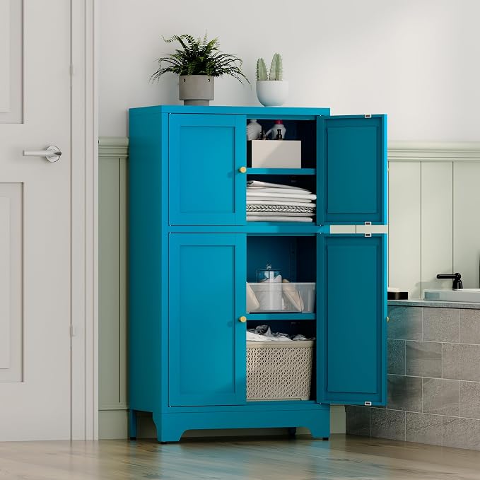 YAUWOH Blue Bathroom Floor Cabinet, Metal Storage Cabinet - Image 2
