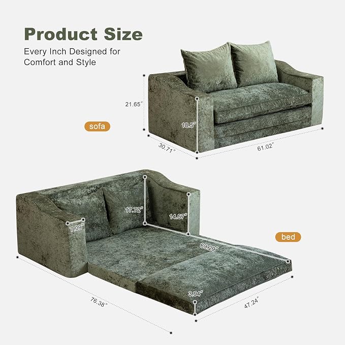 61" Convertible Sofa Bed Loveseat, Memory Foam Boneless Floor Couch - Image 3