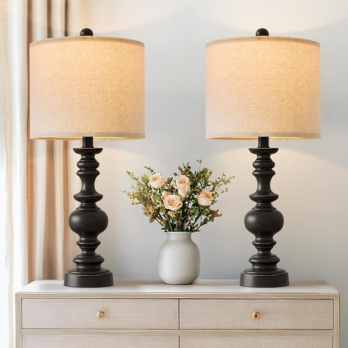 BOBOMOMO 24" Traditional Farmhouse Table Lamp Set of 2, Vintage Resin Lamps - Image 2
