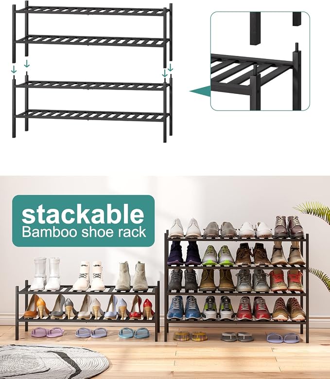 viewcare Black 4-Tier Long Shoe Rack, Bamboo Wood - Image 6