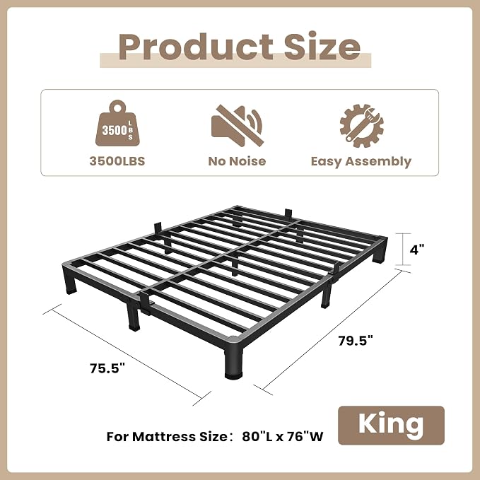 ROIL 4 inch King Size Bed Frame Metal Platform No Box Spring Needed - Image 2
