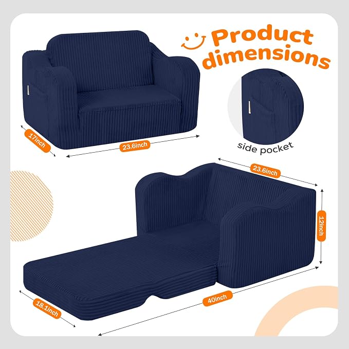 MeMoreCool Toddler Corduroy Chair – 2-in-1 Foldable Sofa Bed, Lightweight & - Image 3