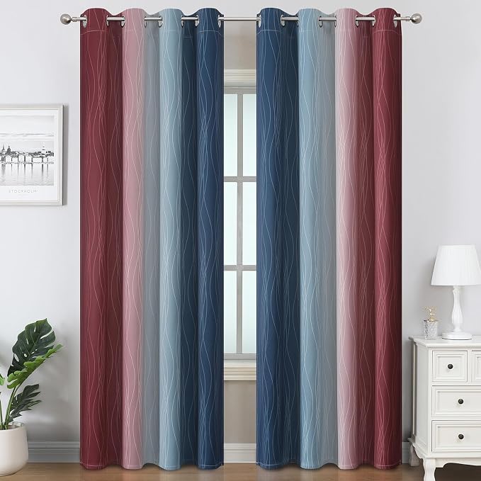 Estelar Textiler Navy Blue and Burgundy Red Ombre Blackout Curtains 96 Inch - Image 2