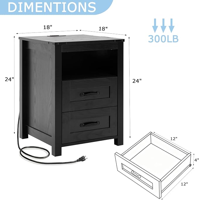 Black Night Stand Set of 2, Rustic End Table - Image 3