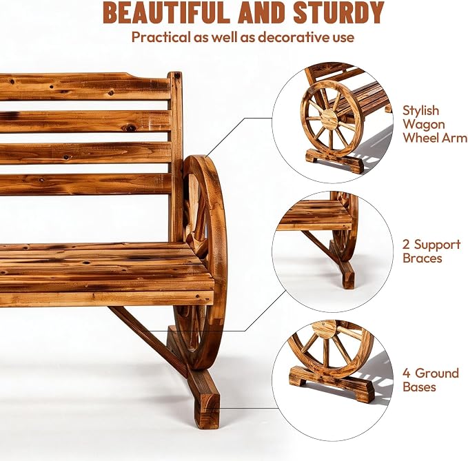 VINGLI Rustic Wooden Wheel Bench Outdoor Bench, Patio Bench Wagon Slatted Seat - Image 4