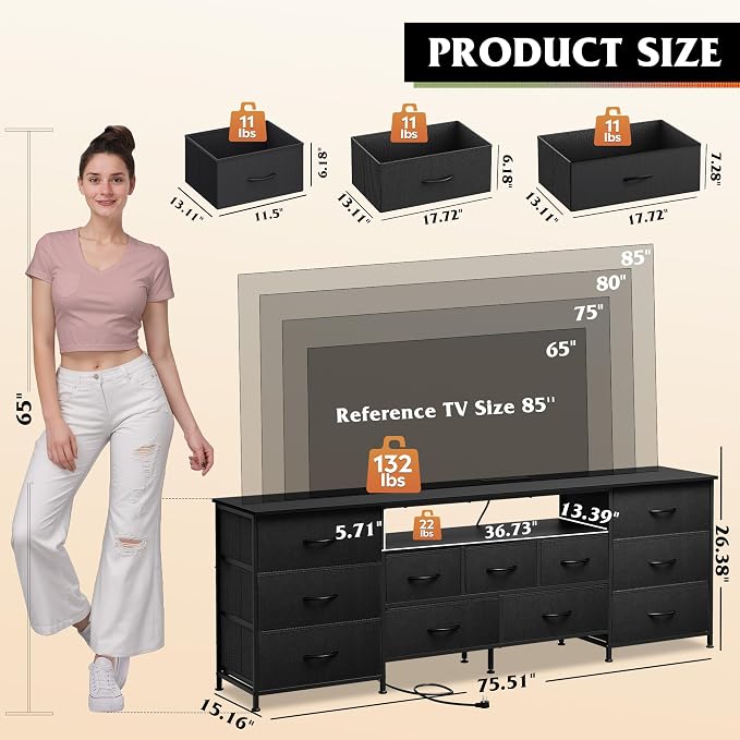 WLIVE 75.5" TV Stand for 65, 85 Inch TV, Dresser for Bedroom - Image 2