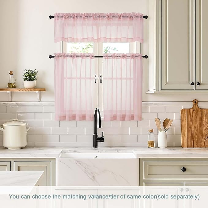 Blush Pink Small Sheer Curtains Tier 24 Inches Length 2 Pieces, Light Filtering - Image 2