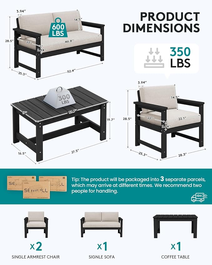 SERWALL 4-Piece Outdoor Patio Sofa Set, HDPE All-Weather Loveseat Sofa - Image 5