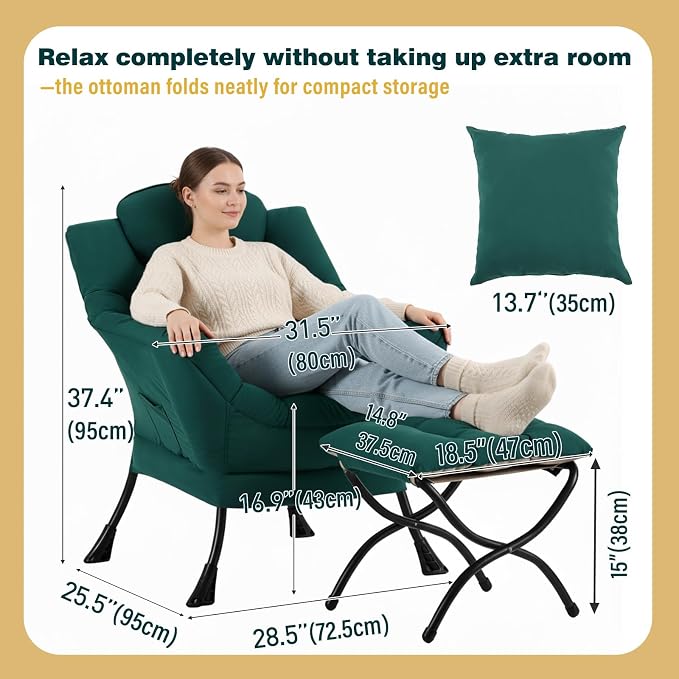 Lazy Chair with Ottoman, Large Accent Chair with Ottoman and a Throw Pillow - Image 2