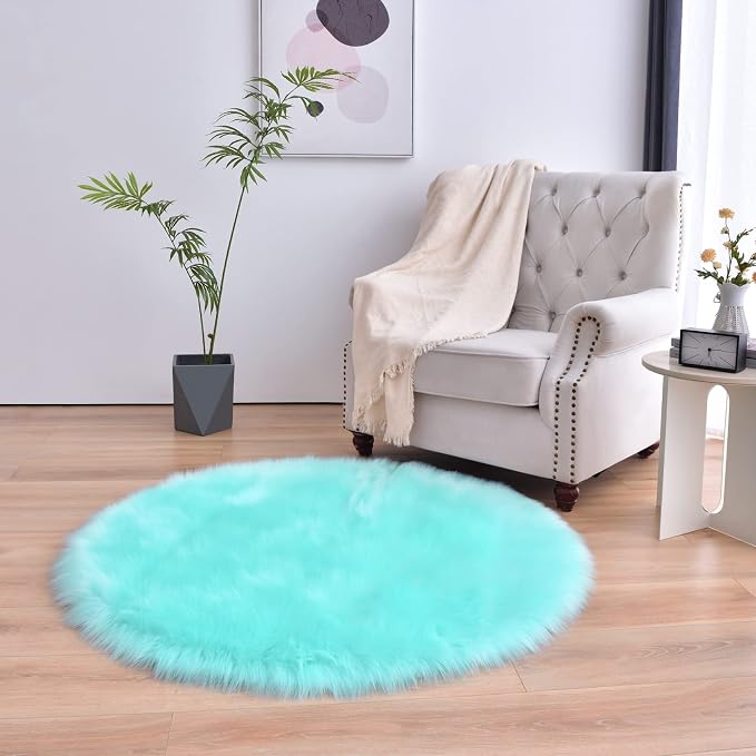 duduta Turquoise Blue Faux Sheepskin Round Rug 4x4 ft, Fluffy Shag Fur Bedroom - Image 6