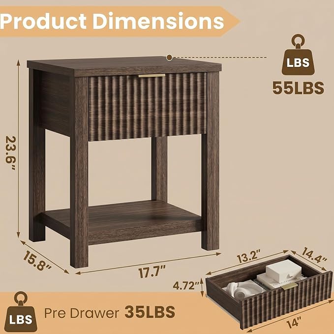 Fluted Night Stand with Golden Handle, Bedside Table with Storage Shelf - Image 3