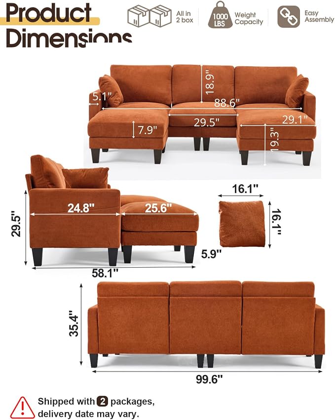 Karl home 99.6" Sectional Sofa, U-Shaped Chenille Upholstered Couch - Image 2