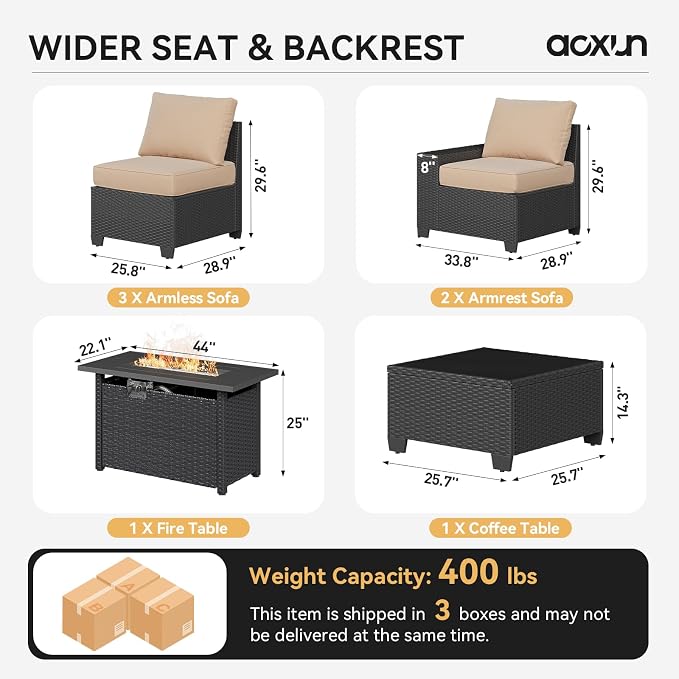 Aoxun Patio Furniture Set with 44'' Fire Pit Table, Widen Armrests Wicker - Image 7