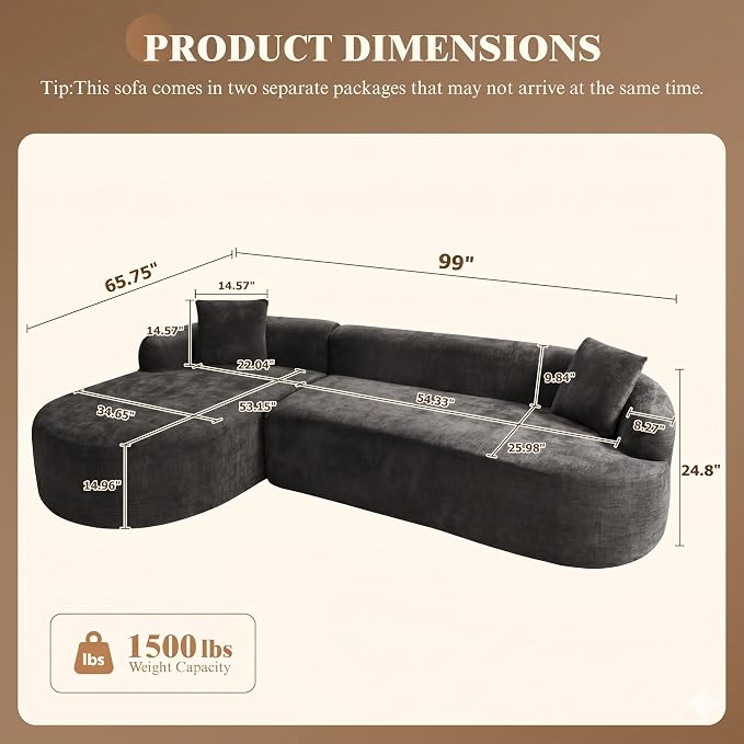 99" Curved Sectional Sofa with Chaise, Modern Boneless Couch with Deep Seat - Image 2
