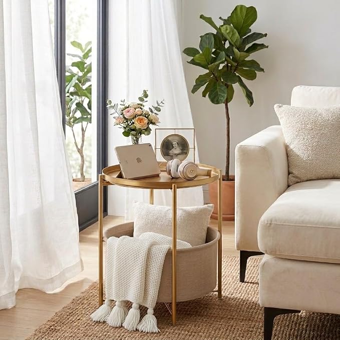 danpinera Gold Side Table with Fabric Storage Basket, Metal Round Side Small - Image 5
