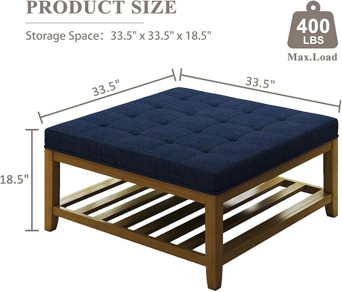 Befurtori Large Square Ottoman Coffee Table, Linen Solid Upholstered Footrest - Image 3