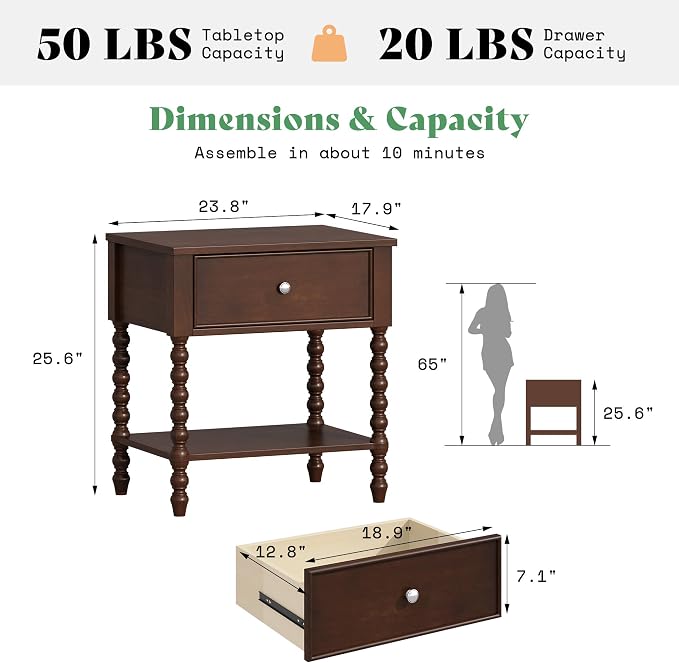 AMERLIFE 24" Walnut Nightstand Set of 2, Vintage Bedside Table - Image 2