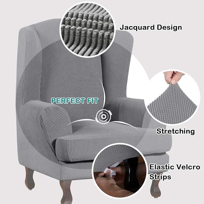 Turquoize Wingback Chair Covers 2 Piece Wing Chair Slipcover Stretch Slipcovers - Image 3