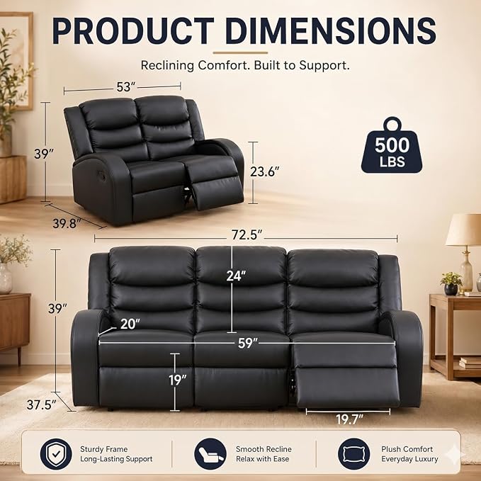 Recliner Sofa Set, 2 Piece Living Room Furniture Set, Leather Recliner Sofa - Image 2
