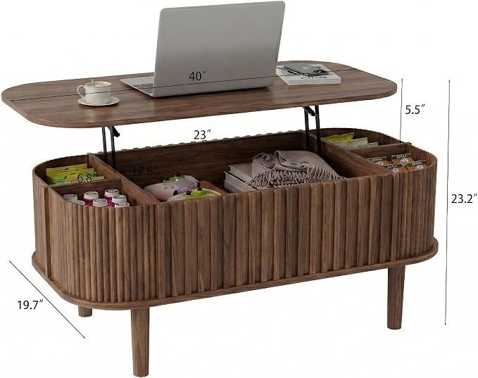 Lift Top Coffee Table with Storage, Faux Marble Top, Wood Fluted Center Table - Image 2