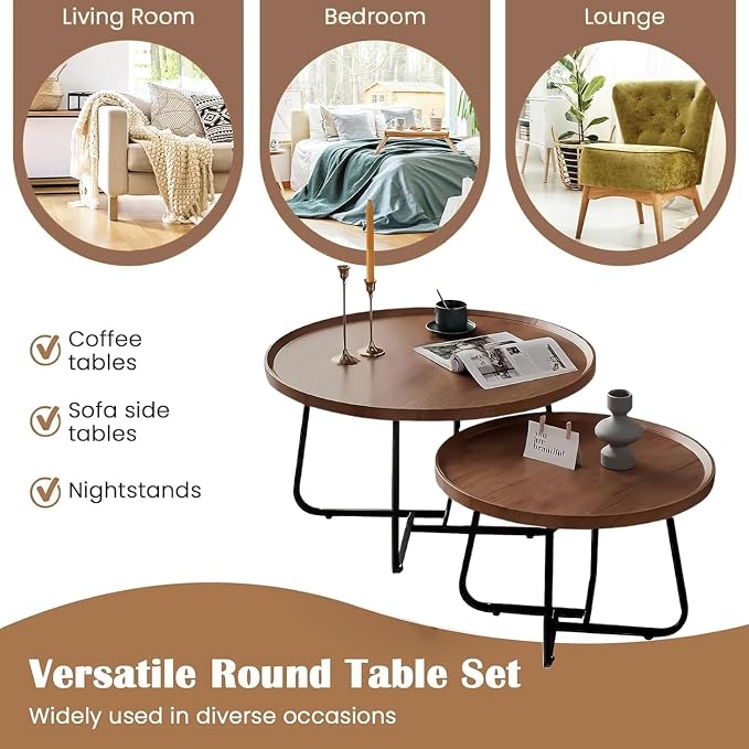 Round Nesting Coffee Table Set of 2, Mid Century Modern, Center - Image 4