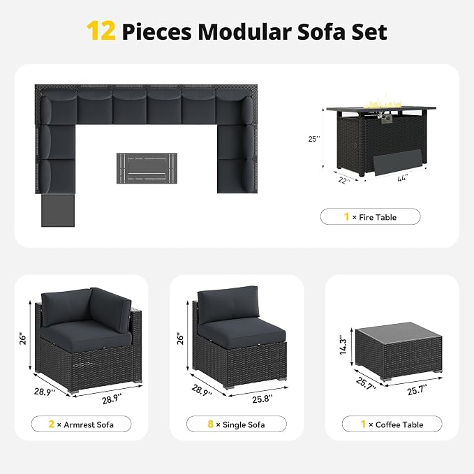Aoxun Patio Furniture Set with Fire Pit Table, 12 Piece Outdoor Sectional Sofas - Image 7