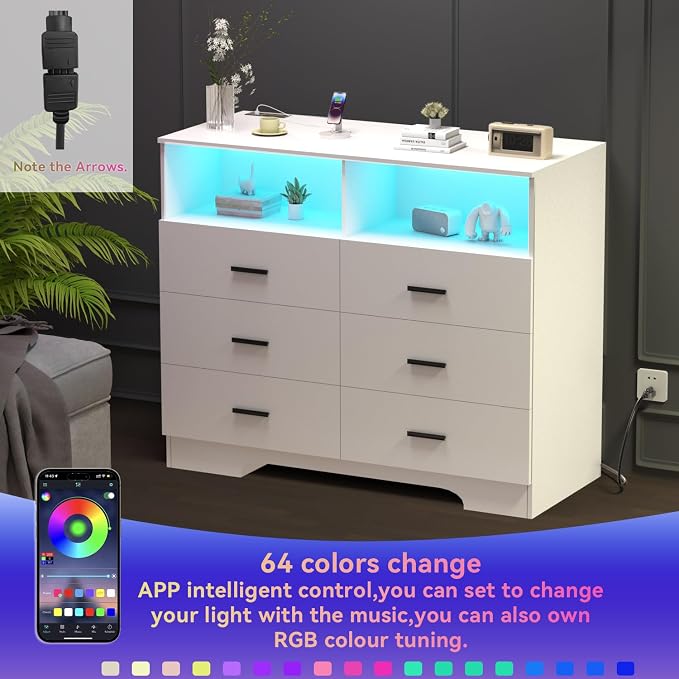 FJTJBSI Dresser with Power Outlets and LED Lights Wooden 6 Drawer Dresser with - Image 4