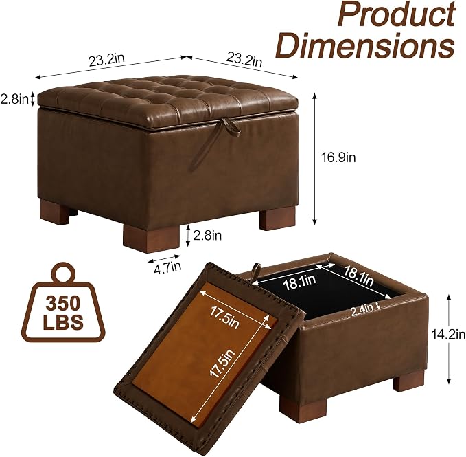 WUTUTUEE 24" Faux Leather Square Storage Ottoman - Image 2