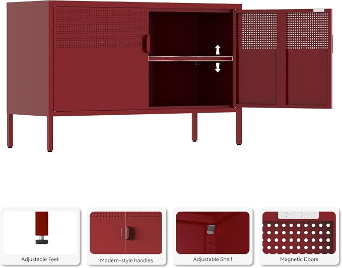 Metal Storage Cabinet, 2 Door TV Stand, Metal Mesh Accent Cabinet, Magnetic - Image 4