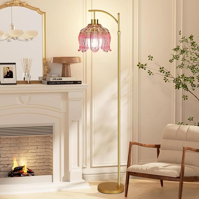 QIYIZM Pink Floor Lamp for Living Room, Glass Gold Dimmable Standing Lamp - Image 9