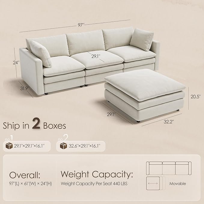 97" Modular Sectional Sofa, L Shaped Cloud Couches - Image 2