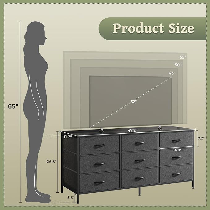 Huuger 9 Drawer Dresser, 47 Inch Dresser TV Stand - Image 3