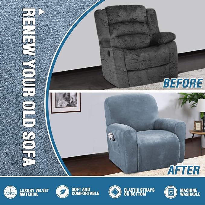 H.VERSAILTEX Velvet Stretch Recliner Couch Covers 4-Pieces Style Recliner Chair - Image 5