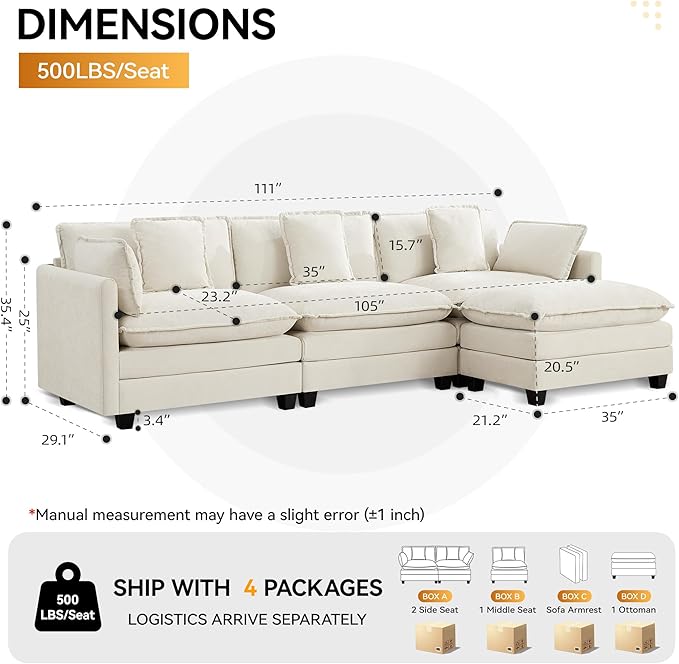 111'' Sectional Cloud Deep Seat Couch, Modern Comfy Chenille L Shaped Sectional - Image 2