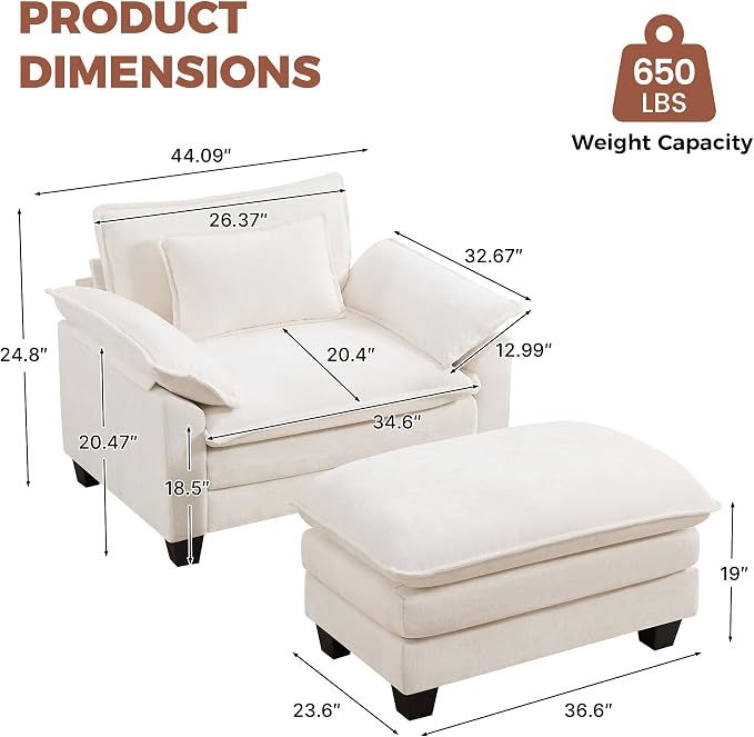 Oversized Accent Chair with Ottoman Set of 2, Upholstered Armchair with Extra - Image 2