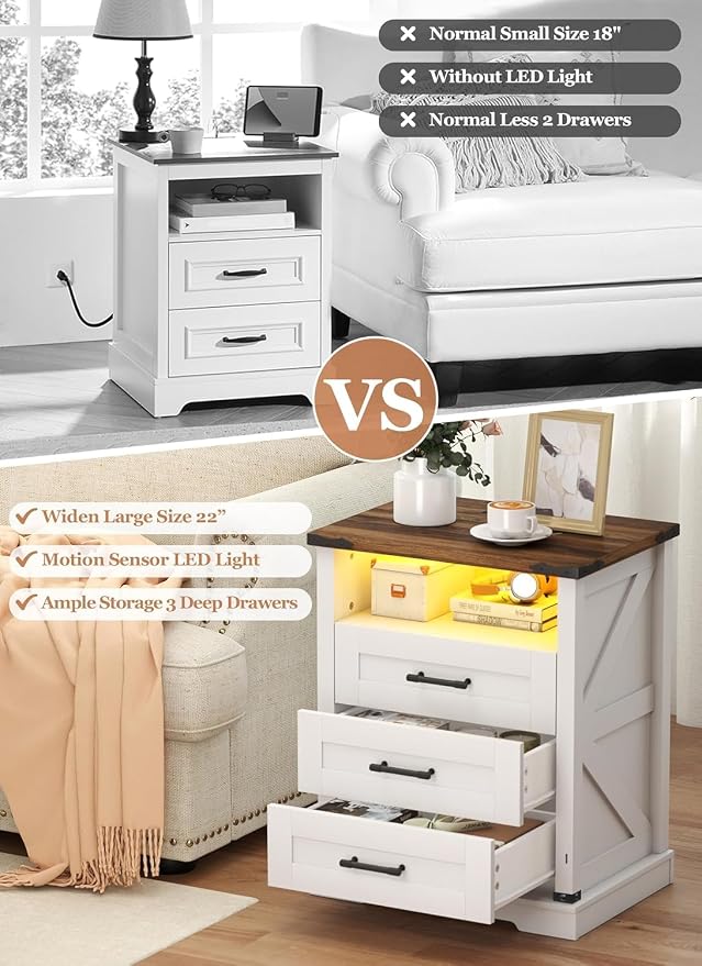 Turosur Night Stand with Charging Station 22" Large Farmhouse Nightstands with - Image 9