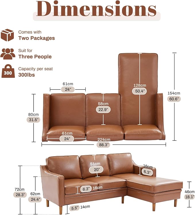 Kingfun 88" L-Shape Sofa, Faux Leather Sectional Couch, Mid Century Modern - Image 2