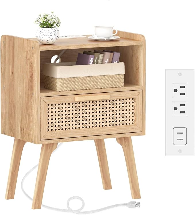 Lerliuo Rattan Nightstand with Charging Station, Boho Night Stand with Handmade by Lerliuo