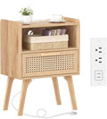 Lerliuo Rattan Nightstand with Charging Station, Boho Night Stand with Handmade by Lerliuo