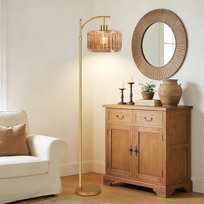 QIYIZM Glass Floor Lamp for Living Room, Mid Century Modern Brass Tall Lamp - Image 3