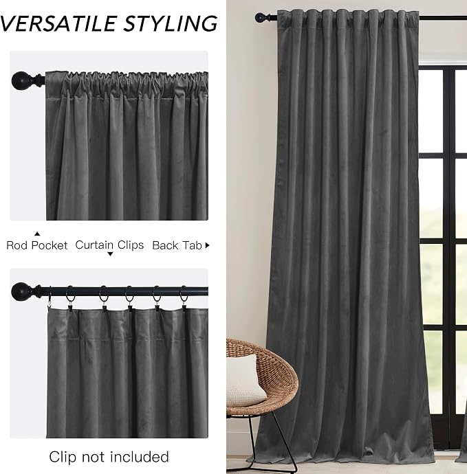 RYB HOME Grey Velvet Curtains 102 inches - Image 3