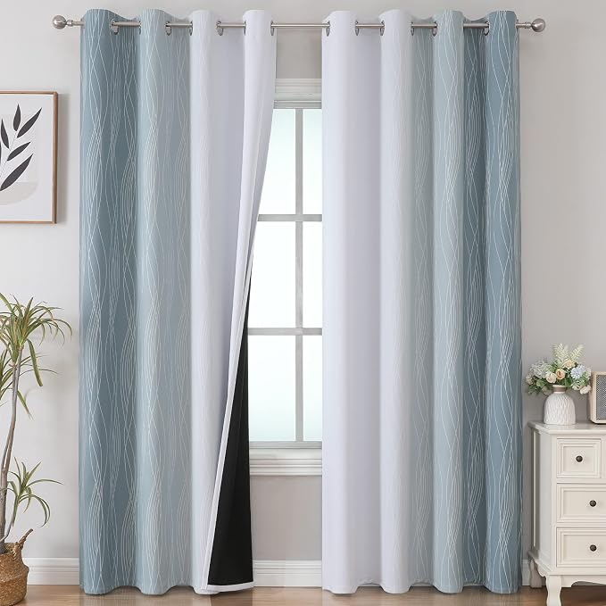 Estelar Textiler Stone Blue and Greyish White Ombre Blackout Curtains 90 Inch by ESTELARTEXTILER