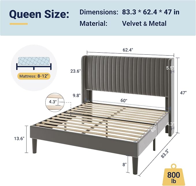 Allewie Queen Size Velvet Bed Frame/Vertical Channel Tufted Wingback - Image 2