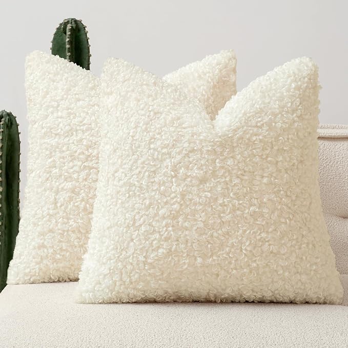 Faux Fur Throw Pillow Covers 18x18 Inch Set of 2 Boucle Neutral Decorative by Woaboy