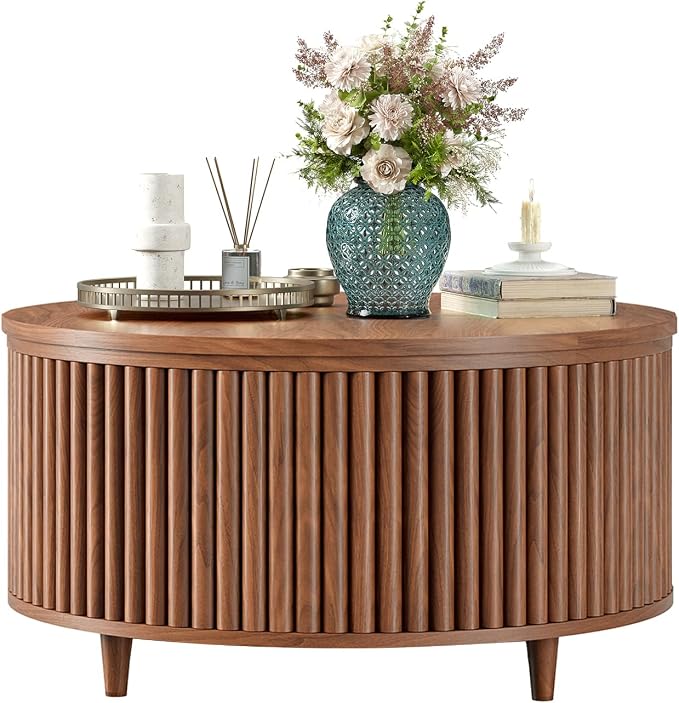 Evermagin 31.5'' Round Coffee Table, Fluted Lift Top Oak Coffee Table - Image 8